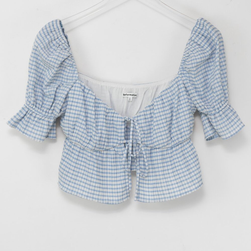 Reformation Lena Top Gingham Cropped Puff Sleeve Blouse Blue White Size 2 - Picture 2 of 7